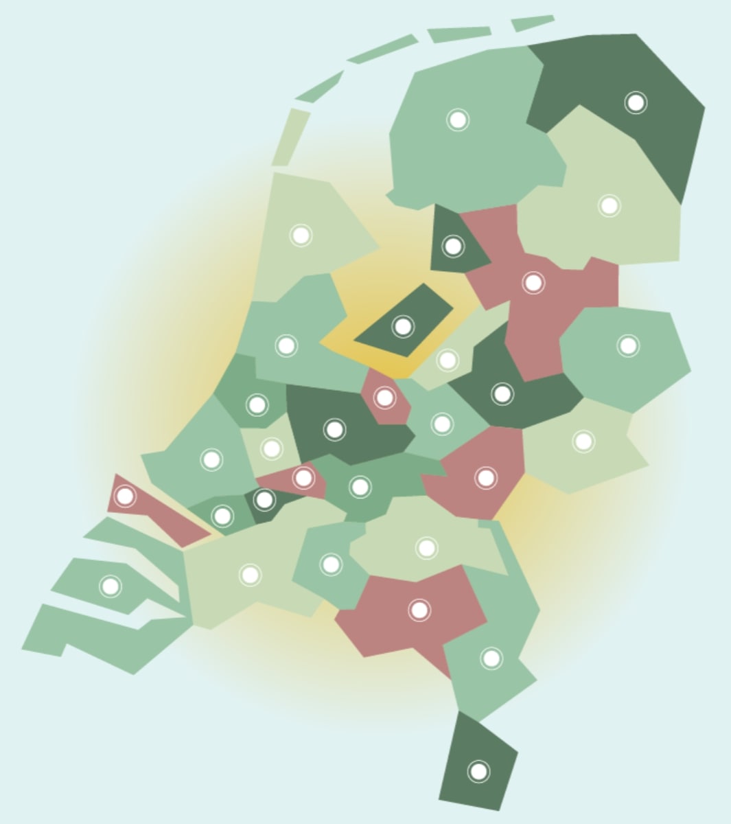 Abstracte kaart van Nederland met de dertig RES-regio's.